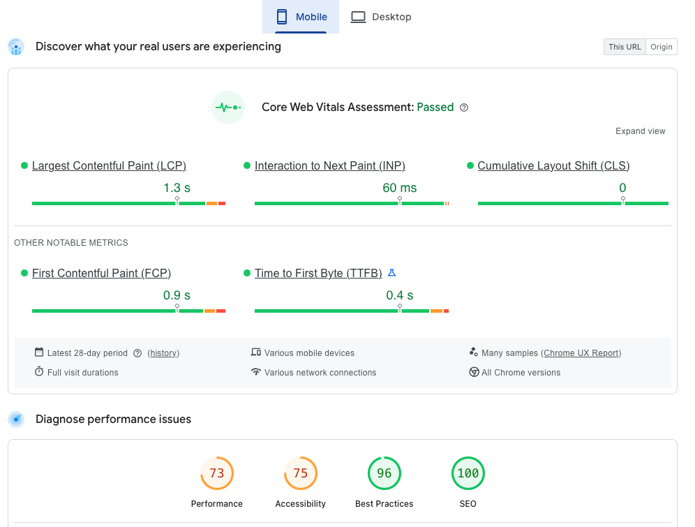 Google PageSpeed Insights mobile audit